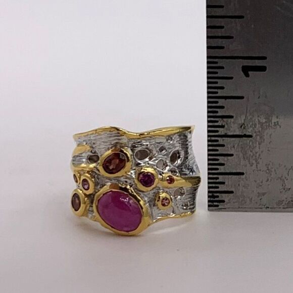 Ring, NWOT, solid 925 sterling silver, 22 K gold, orange sapphires and rubies, - Picture 7 of 15